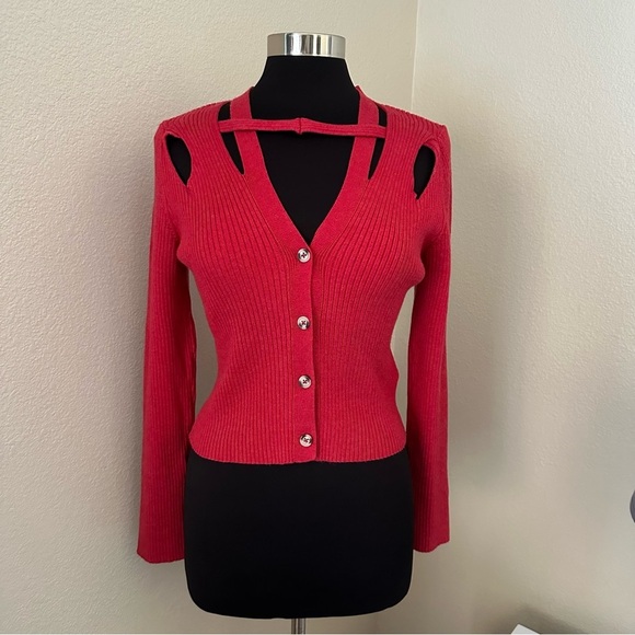 By Anthropologie V-Neck Strappy Ribbed Buttons Up Red Crop Cardigan Sweater Sz M - Picture 4 of 13